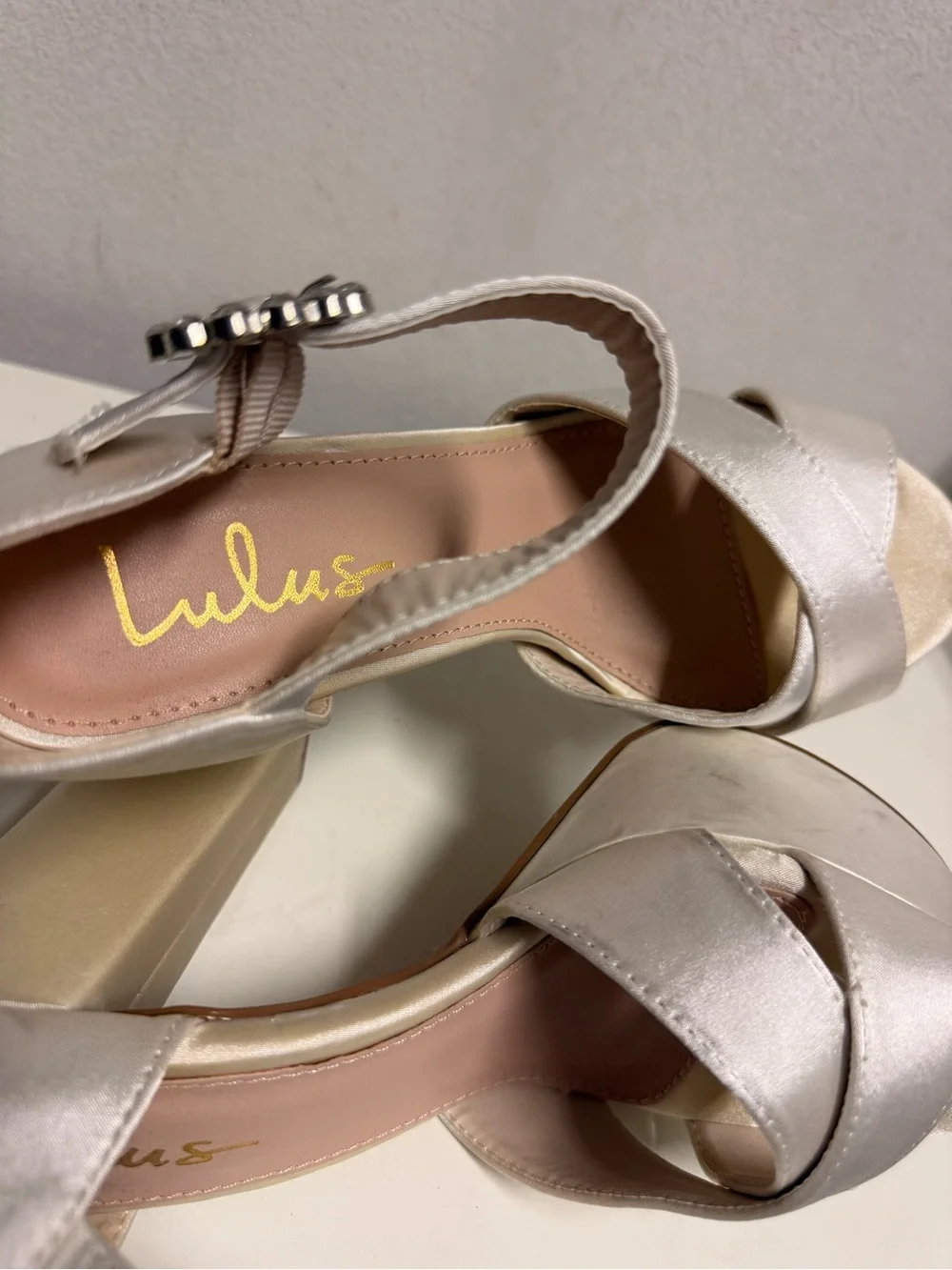 Lulu's Ivory Satin Platform Block Heel Sandals with Rhinestone Buckle